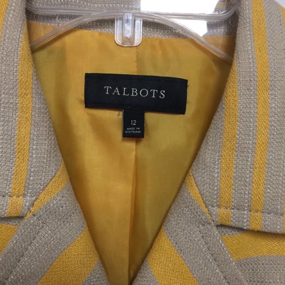 Talbots Yellow/Beige Striped Cotton/Linen Fully Lined Jacket, Sz 12 w/Pockets - Picture 3 of 5